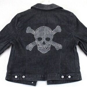 INC International Concepts Petite Black Denim Jacket Rhinestone Skull‎ Size M